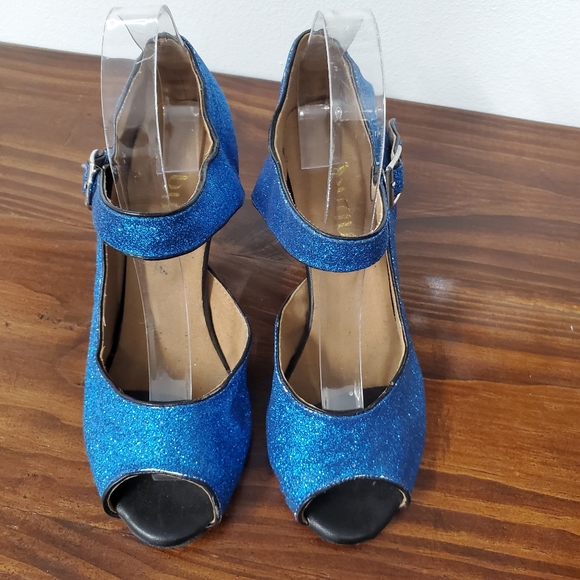 Burju Latin Dance Shoe Women's 9.5 Blue Glitter Sparkle Peep Toe Salsa - Picture 14 of 14